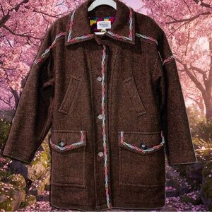 Vintage Missoni Sport Women's Coat Brown Embroidered Multi-Color Trim Wool Sz S